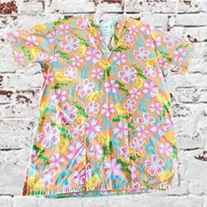 Peaches Orange Pink Yellow Green Floral Scrub Top Sz Small